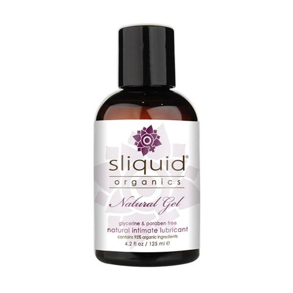 Sliquid Organics Natural Gel water-based lubricant in a clear bottle with a black cap.