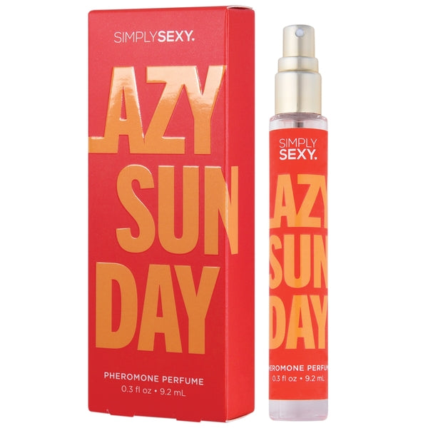 Simply Sexy Lazy Sunday pheromone perfume in a travel-size bottle and box.