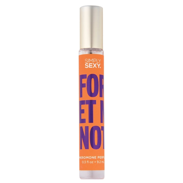 Simply Sexy Forget Me Not pheromone perfume oil in an orange and purple bottle.
