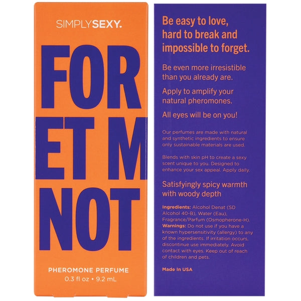 Forget Me Not Pheromone Perfume by Simply Sexy on an orange and purple box.