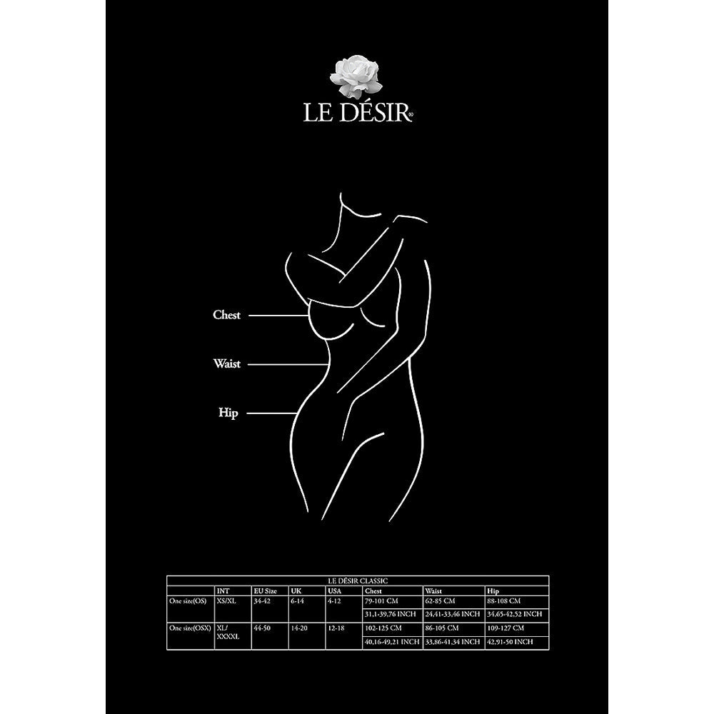 Le Désir crotchless fishnet pantyhose size chart with measurements.
