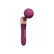 A purple wand vibrator with a rose gold neck and a ribbed spherical head.