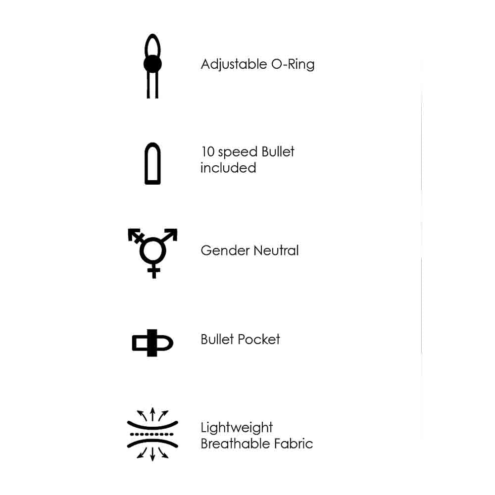 Vibrating strap-on boxer with adjustable O-ring, bullet, gender neutral symbol, and breathable fabric.
