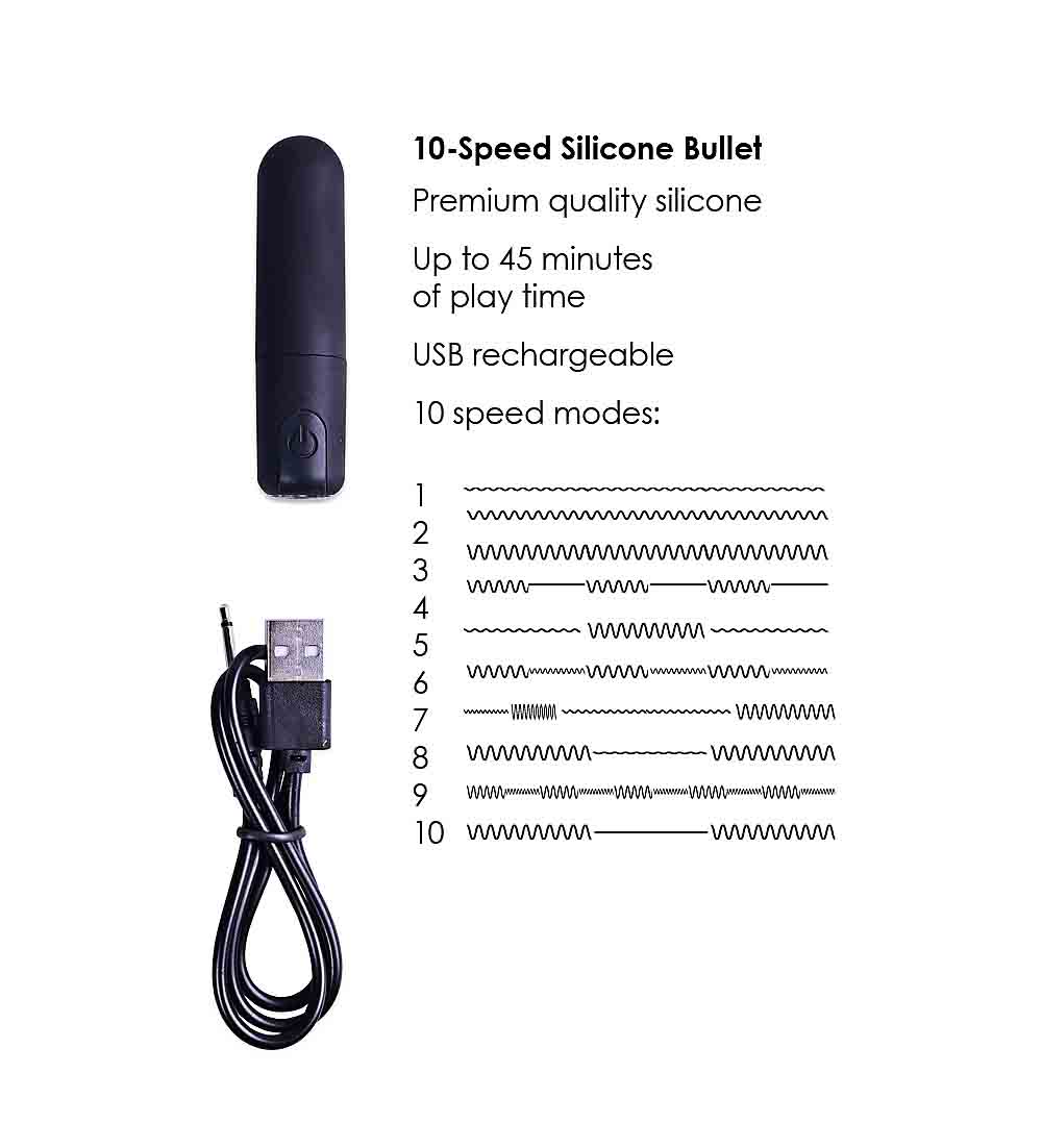Black silicone bullet vibrator with USB charging cable and 10 speed modes.