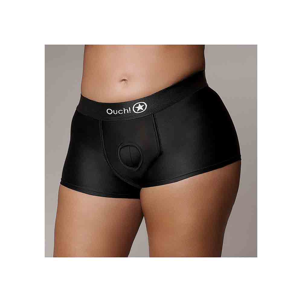 Black boxer briefs with a front opening and "Ouch!" logo.