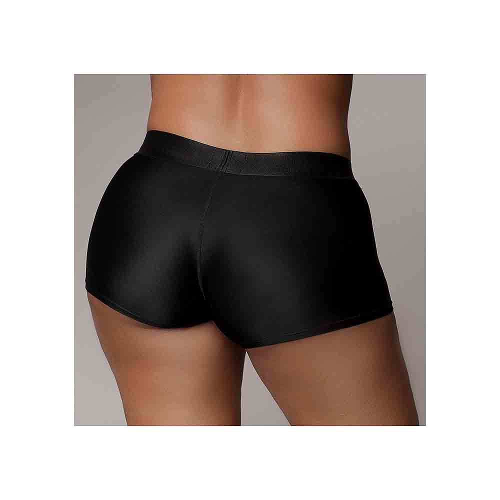 Black vibrating strap-on boxer with a rechargeable bullet.