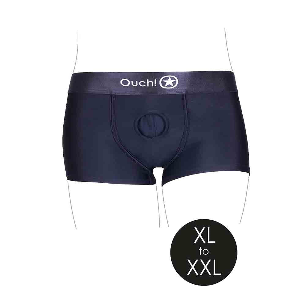 Navy blue boxer briefs with a front opening and "Ouch!" logo, size XL to XXL.