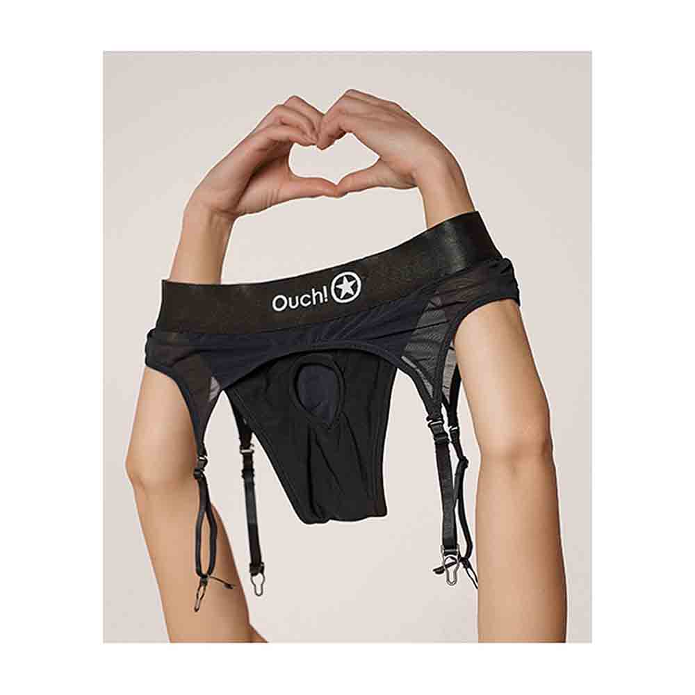 Black thong with garters and a cutout, featuring the text "Ouch!".