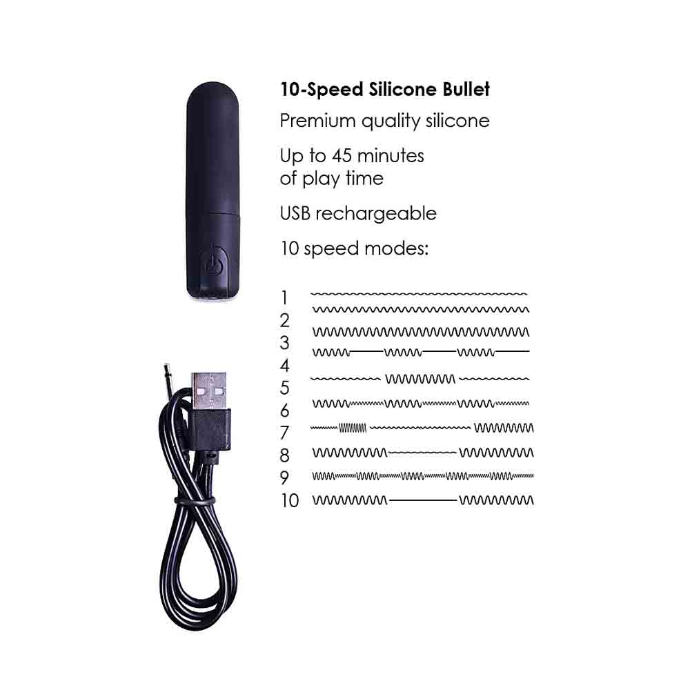 Black silicone bullet vibrator with USB charging cable and 10 speed modes.