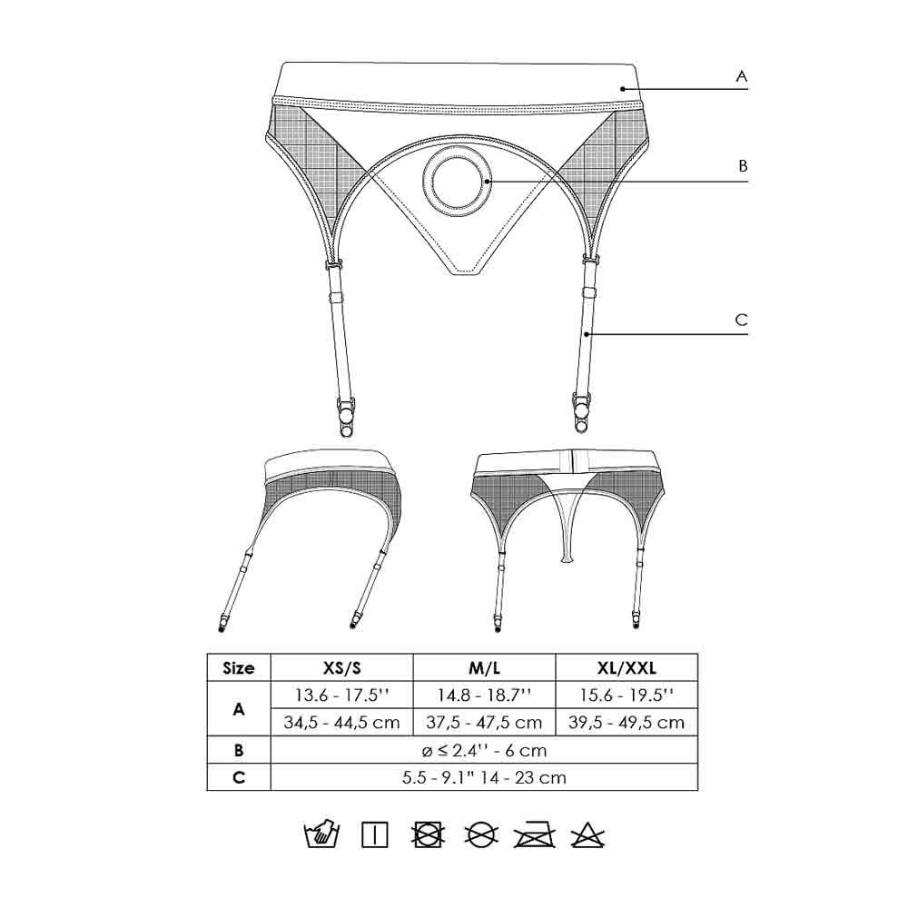 Diagram of a garter belt with size chart and care symbols.