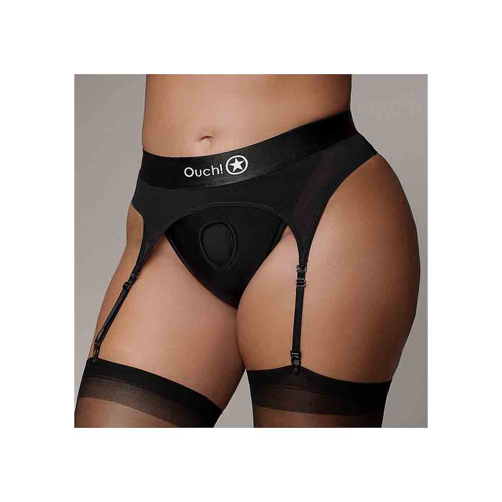 Black thong with garters and a circular cutout.