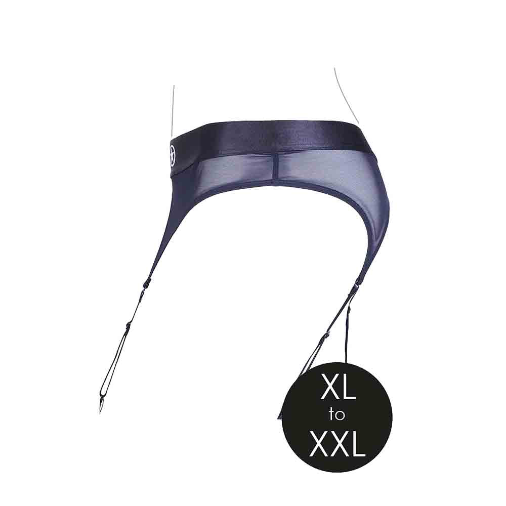 Black mesh thong with garters and size XL to XXL label.