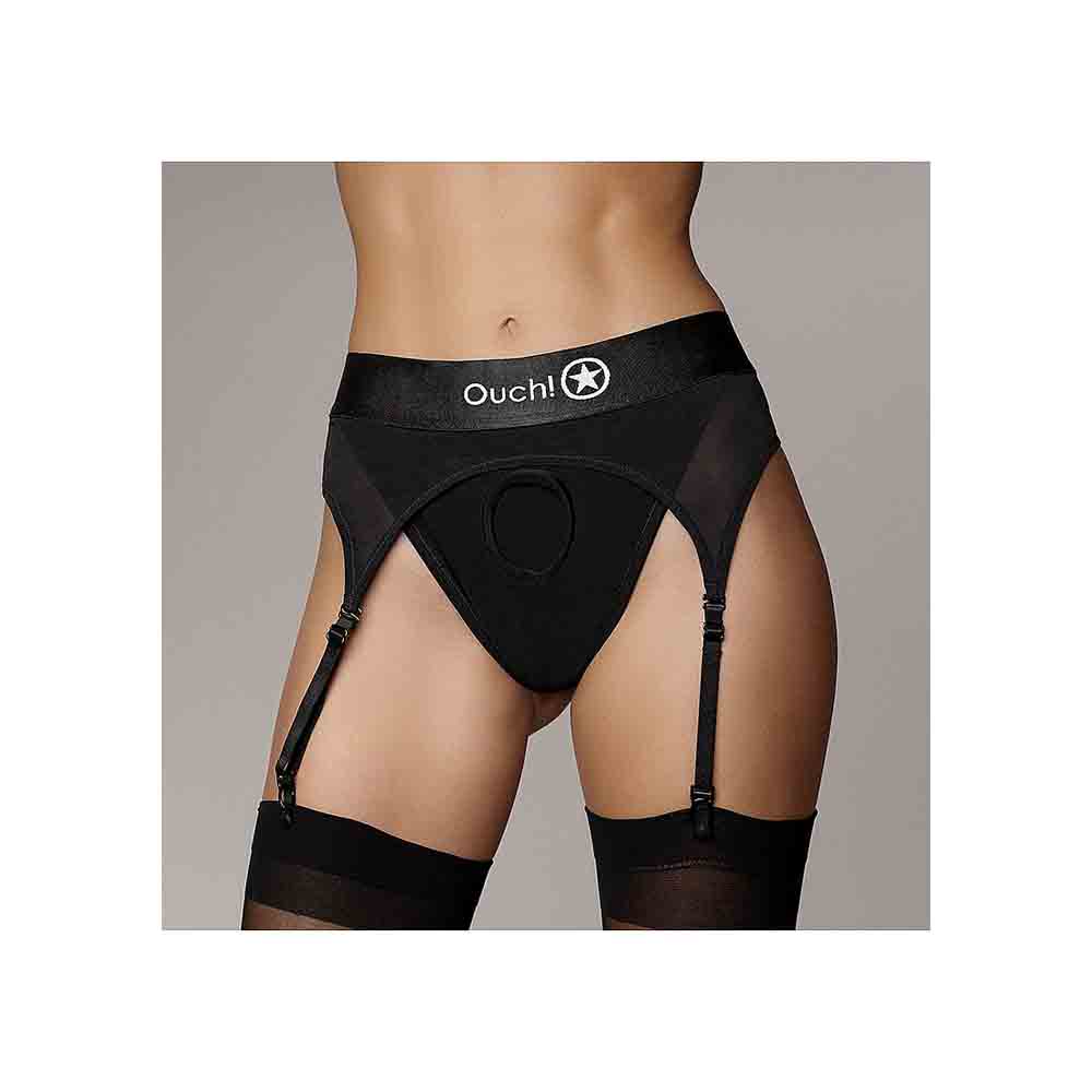 Black thong with garters and a circular cutout.