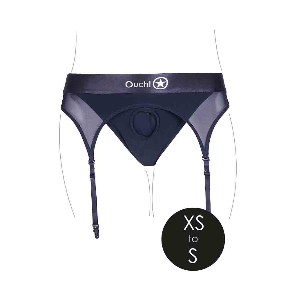 Dark blue thong with garters and an O-ring opening, featuring the "Ouch!" logo.