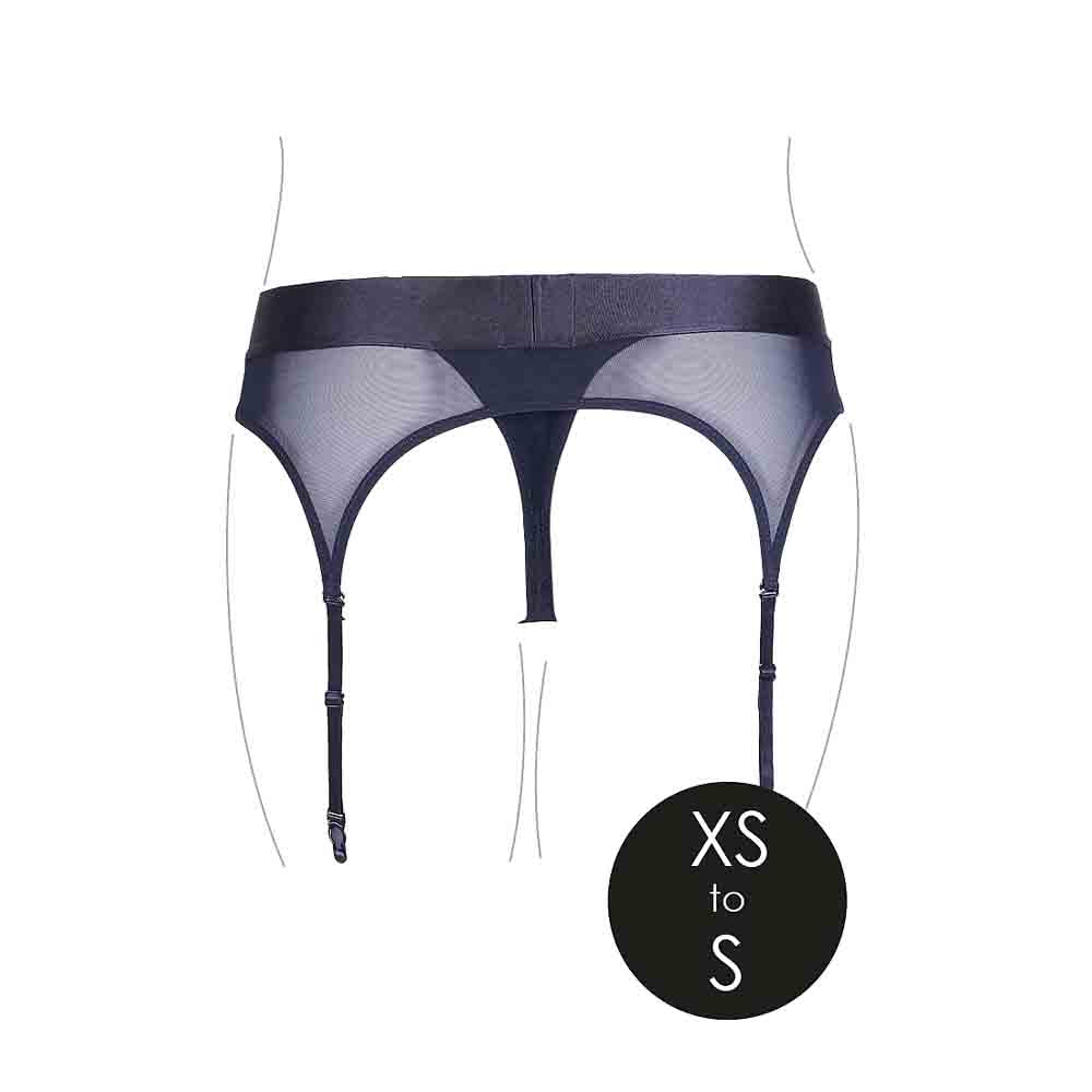 Black mesh garter thong with adjustable straps and a size XS to S label.