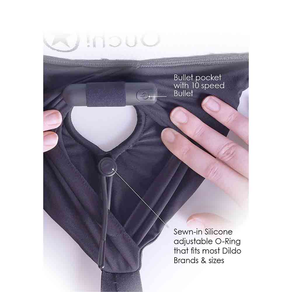 Black strap-on panty harness with a bullet vibrator and adjustable O-ring.