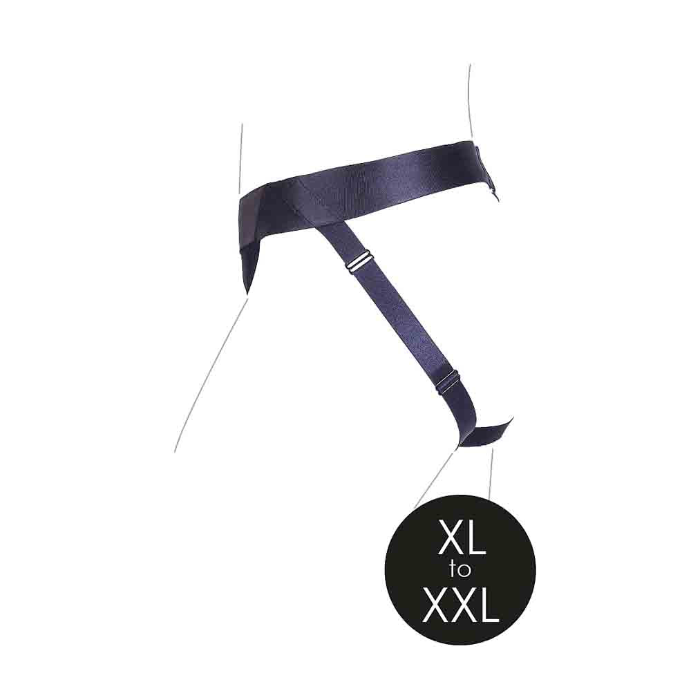 Black vibrating strap-on panty harness with O-ring system, size XL to XXL.