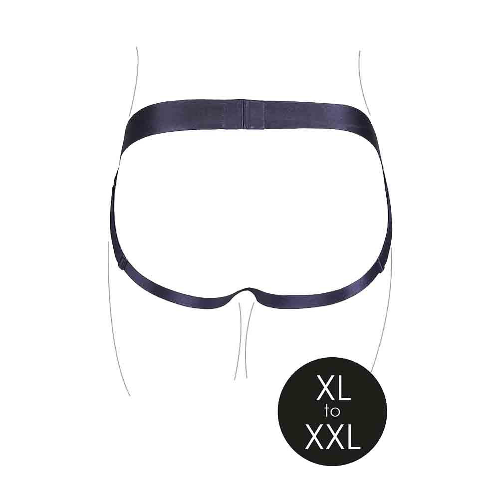Black vibrating strap-on panty harness with O-ring system, size XL/2X.