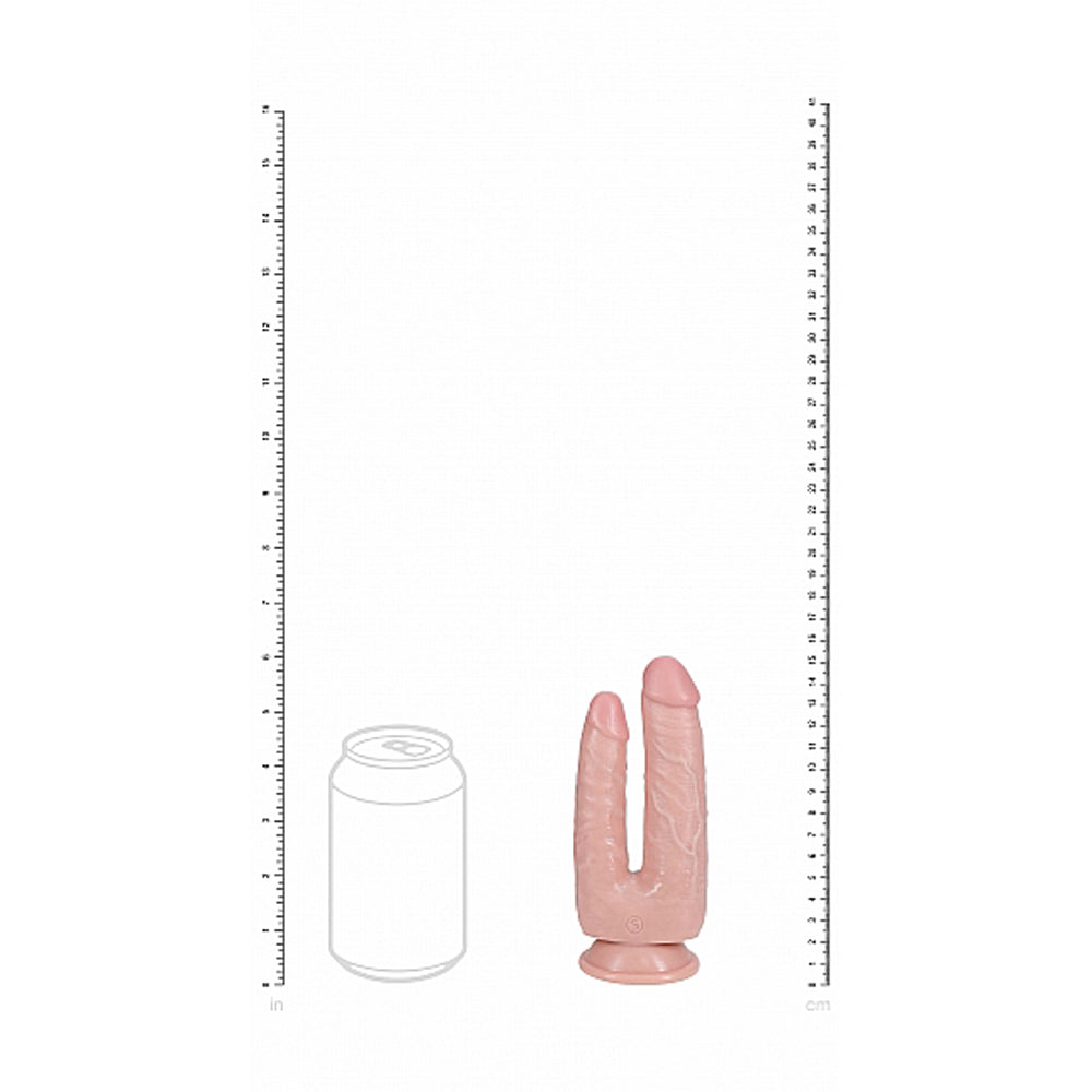 A pink, veined, double-headed dildo with a suction cup base.