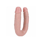 Realistic U-shaped double dildo with veined texture in soft pink silicone.