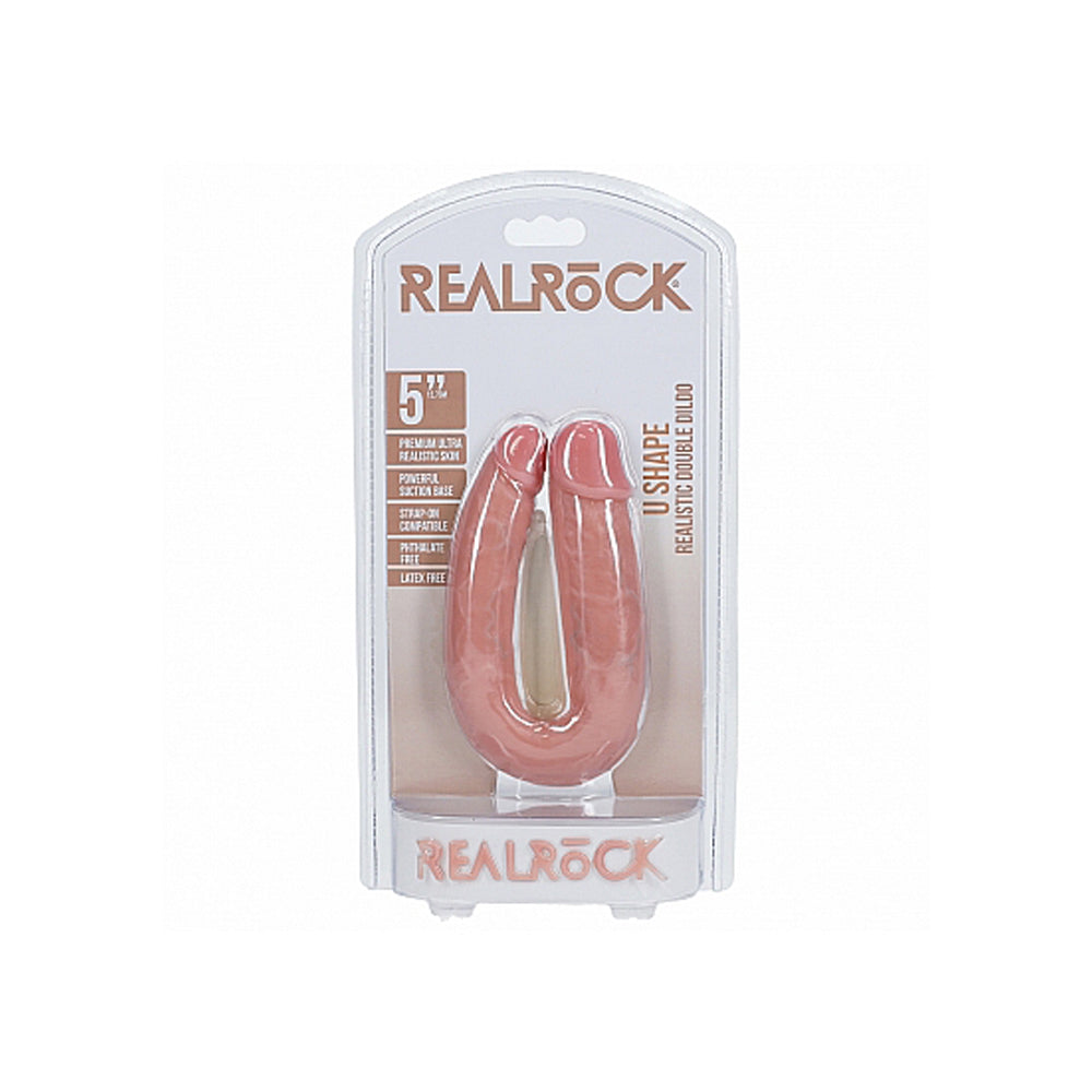 Realistic U-Shape Double Dildo with veined texture and suction base.