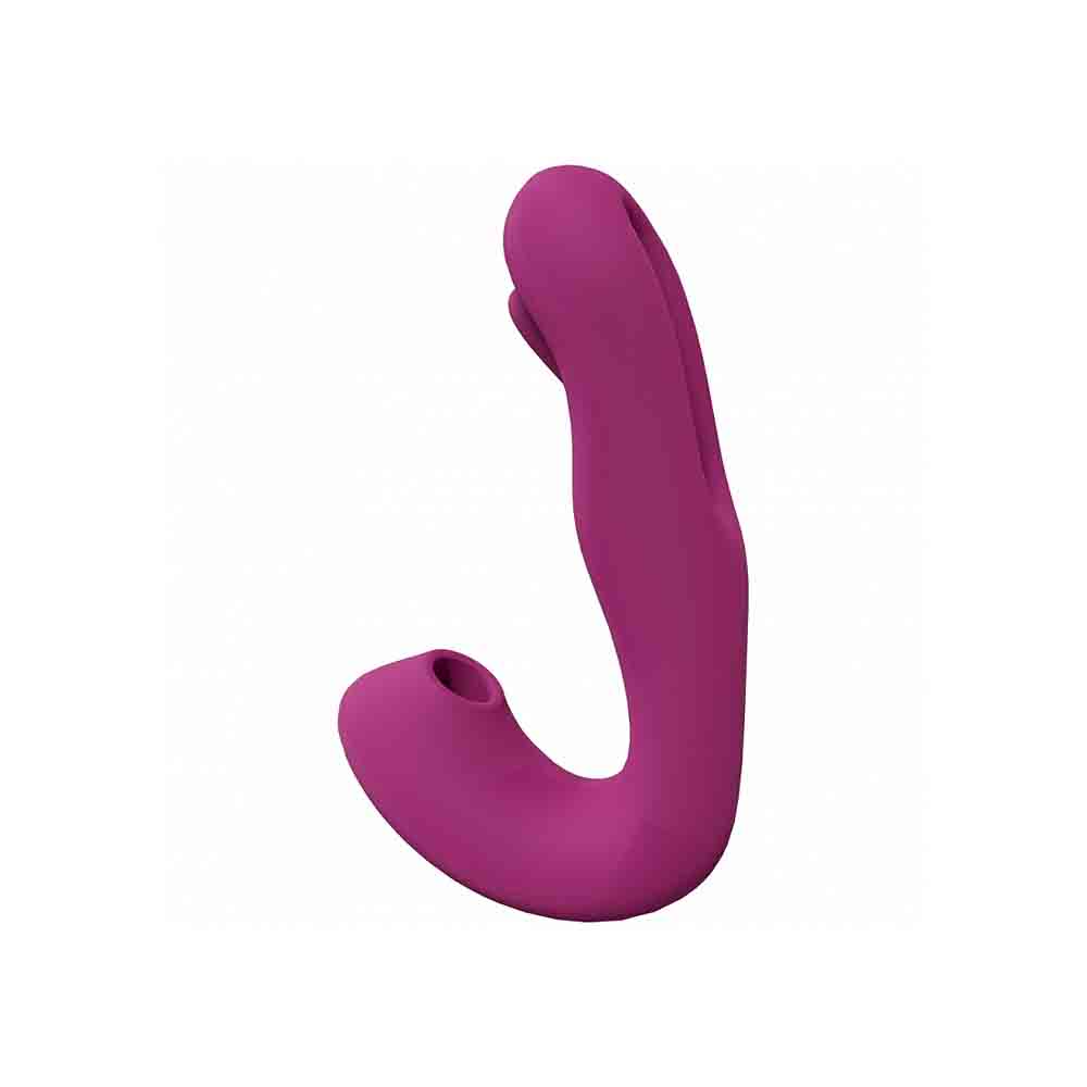 A purple dual-action vibrator with a curved shape and a suction opening.