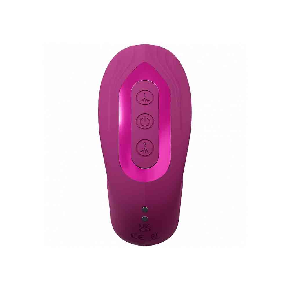 A pink vibrator with three buttons and indicator lights.