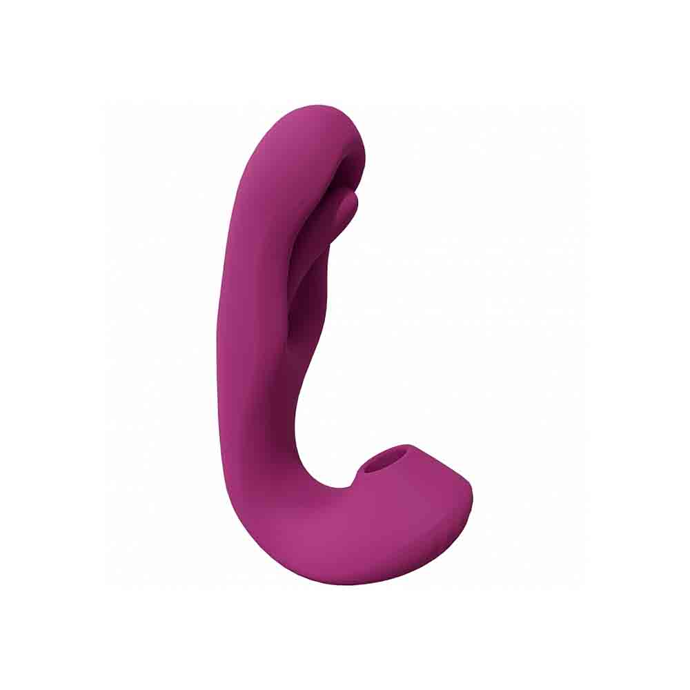 A purple dual action vibrator with a curved shape.