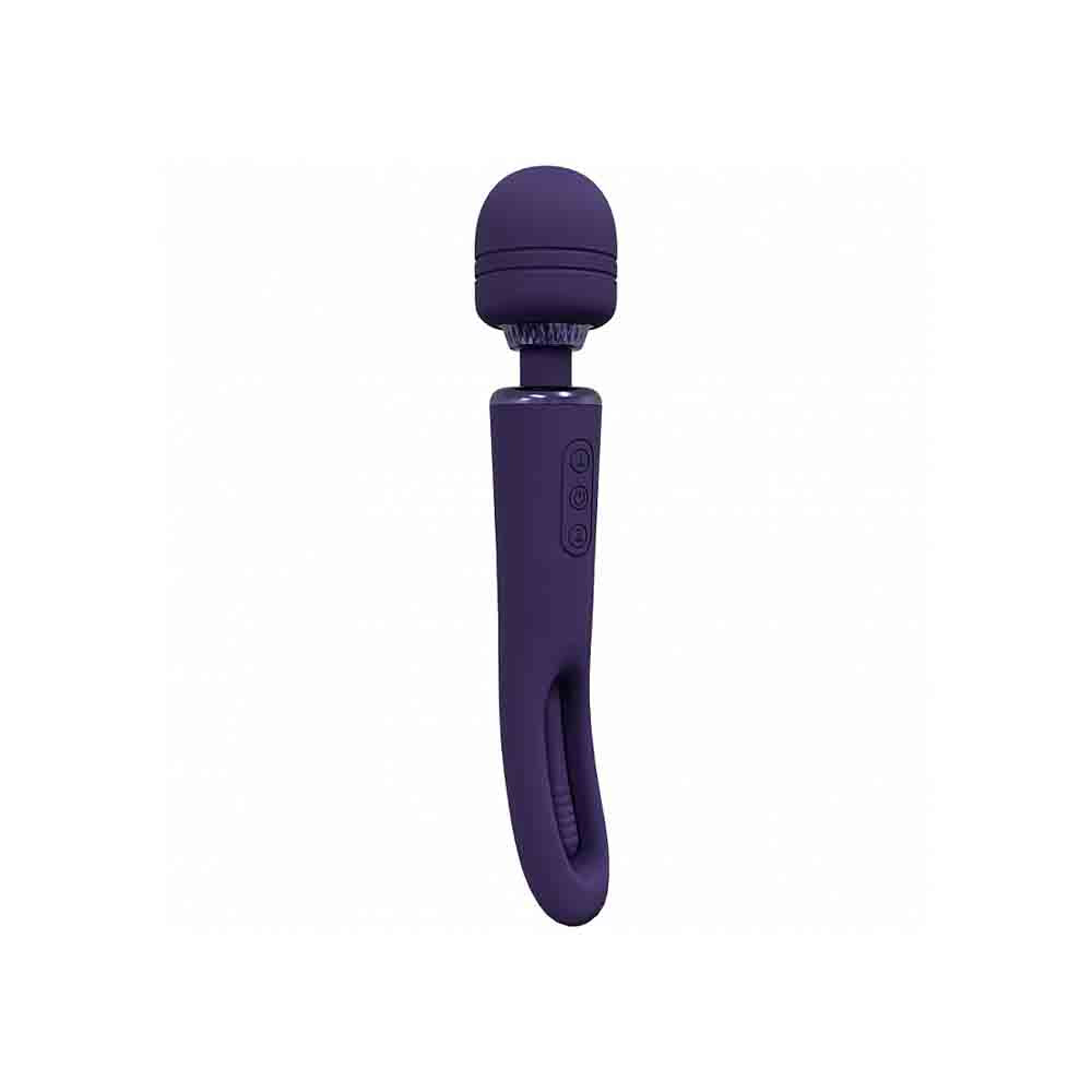 Purple wand vibrator with a rounded head and three buttons on the handle.