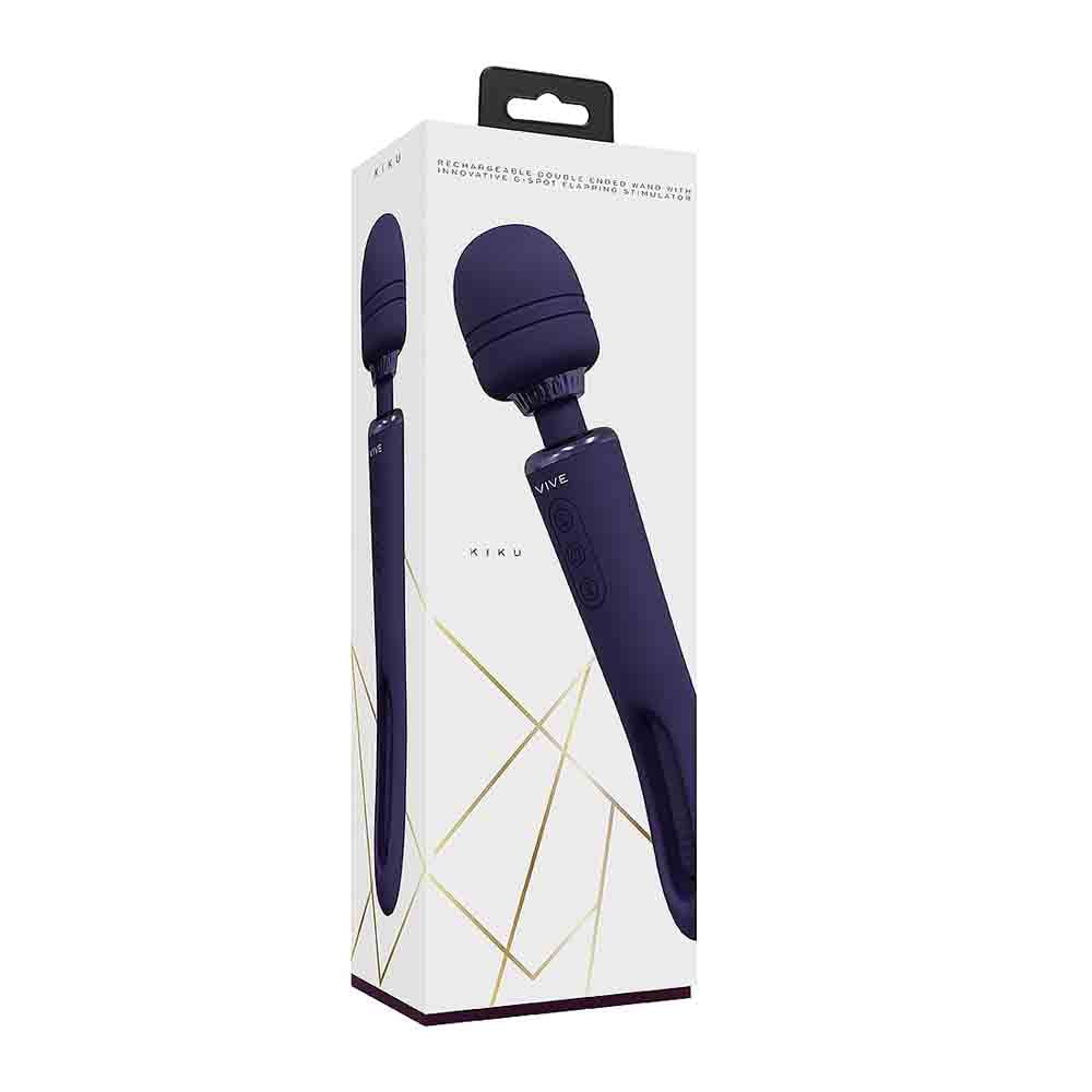 A purple Kiku double-ended wand vibrator with a flapping G-spot stimulator on a white box.