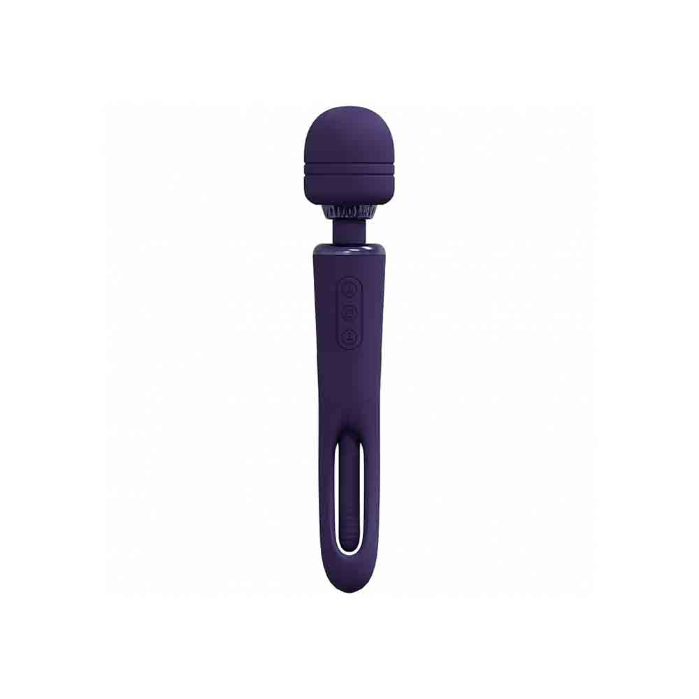 Purple wand vibrator with a rounded head and three buttons.