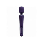 Purple wand vibrator with a rounded head and three buttons.