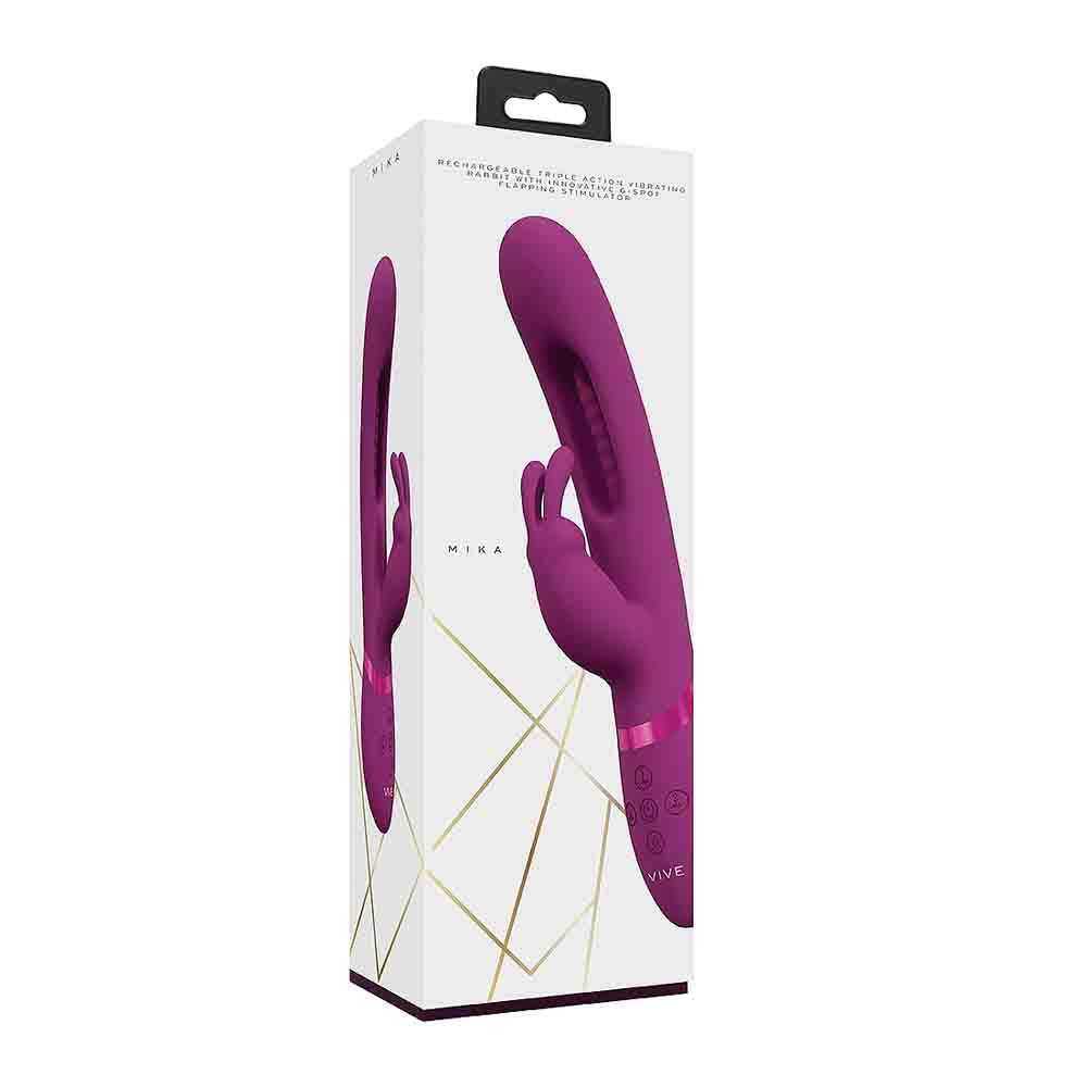 A purple Mika Triple Rabbit G-Spot vibrator in its white box packaging.