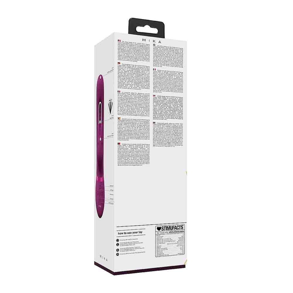 A purple Mika vibrator is shown on its packaging, which includes product information and instructions.