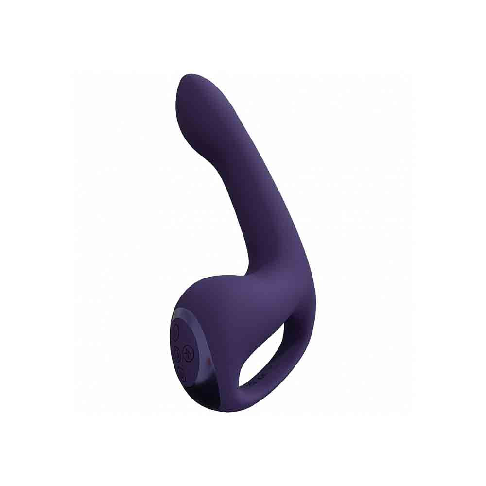 A purple G-spot vibrator with a curved design and control buttons.