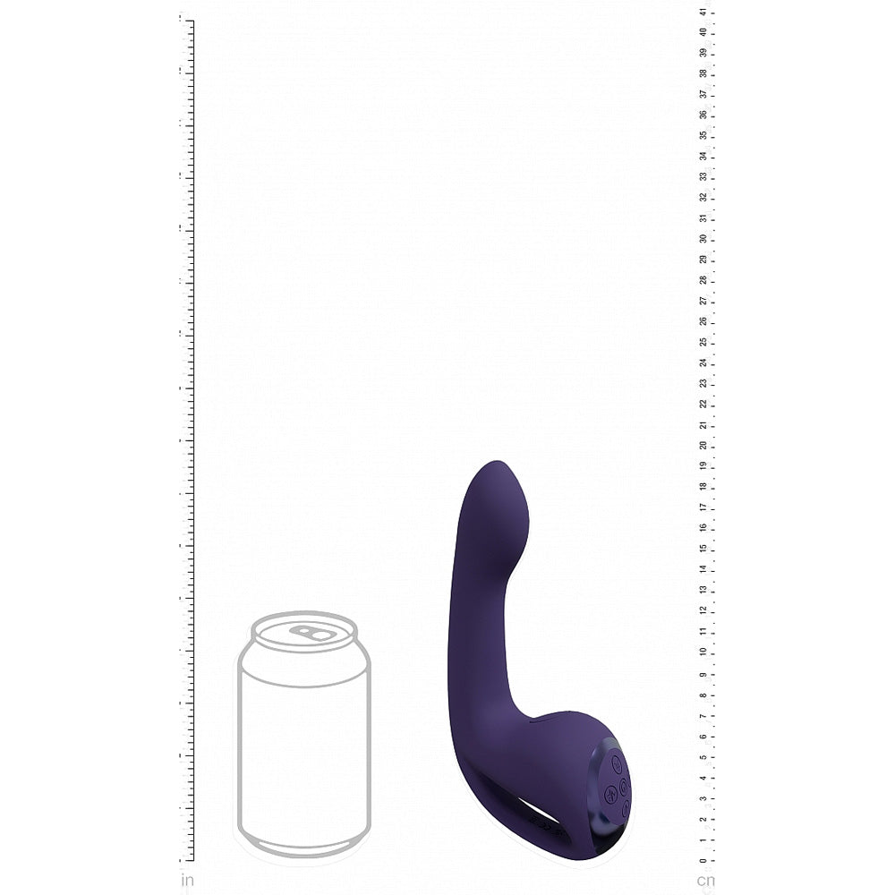 A purple G-spot vibrator with three motors and a can for scale.