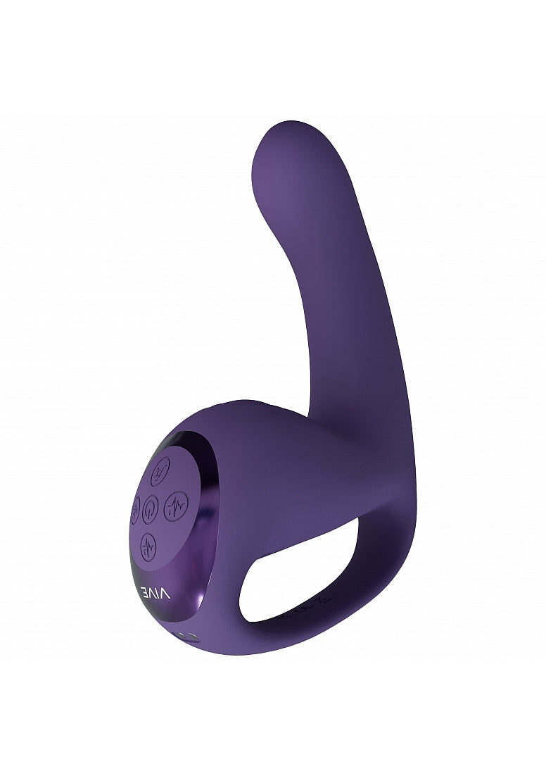A purple G-spot vibrator with control buttons.