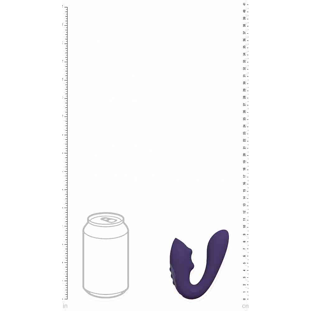 Purple dual G-spot vibrator with moving beads next to a soda can for size comparison.