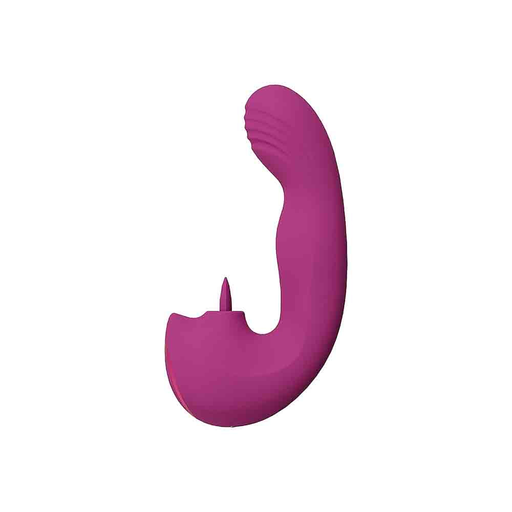 A purple G-spot vibe with a curved shape and a pointed tip.
