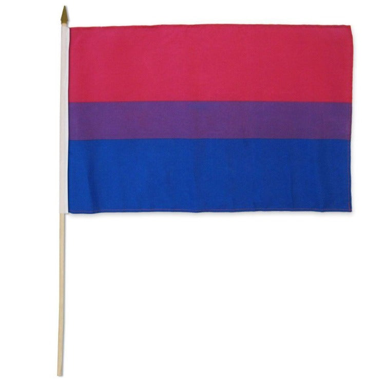 Bisexual pride flag on a wooden stick with a gold spear top.