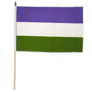 Genderqueer pride stick flag with purple, white, and green stripes.