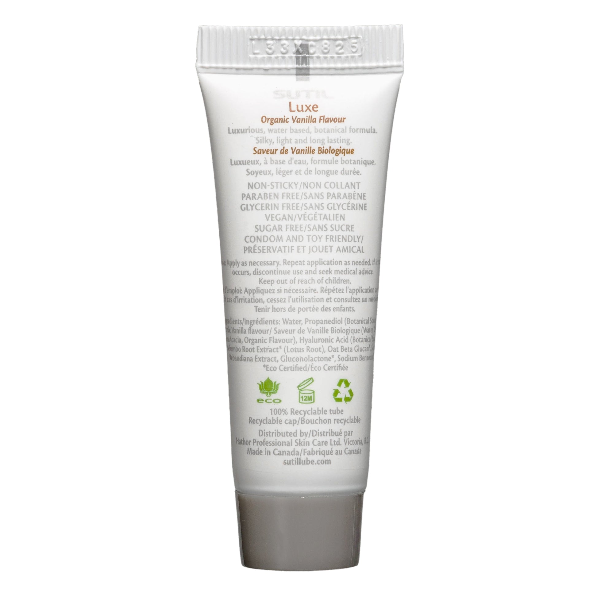 Sutil Luxe Organic Vanilla flavour water-based personal lubricant tube.