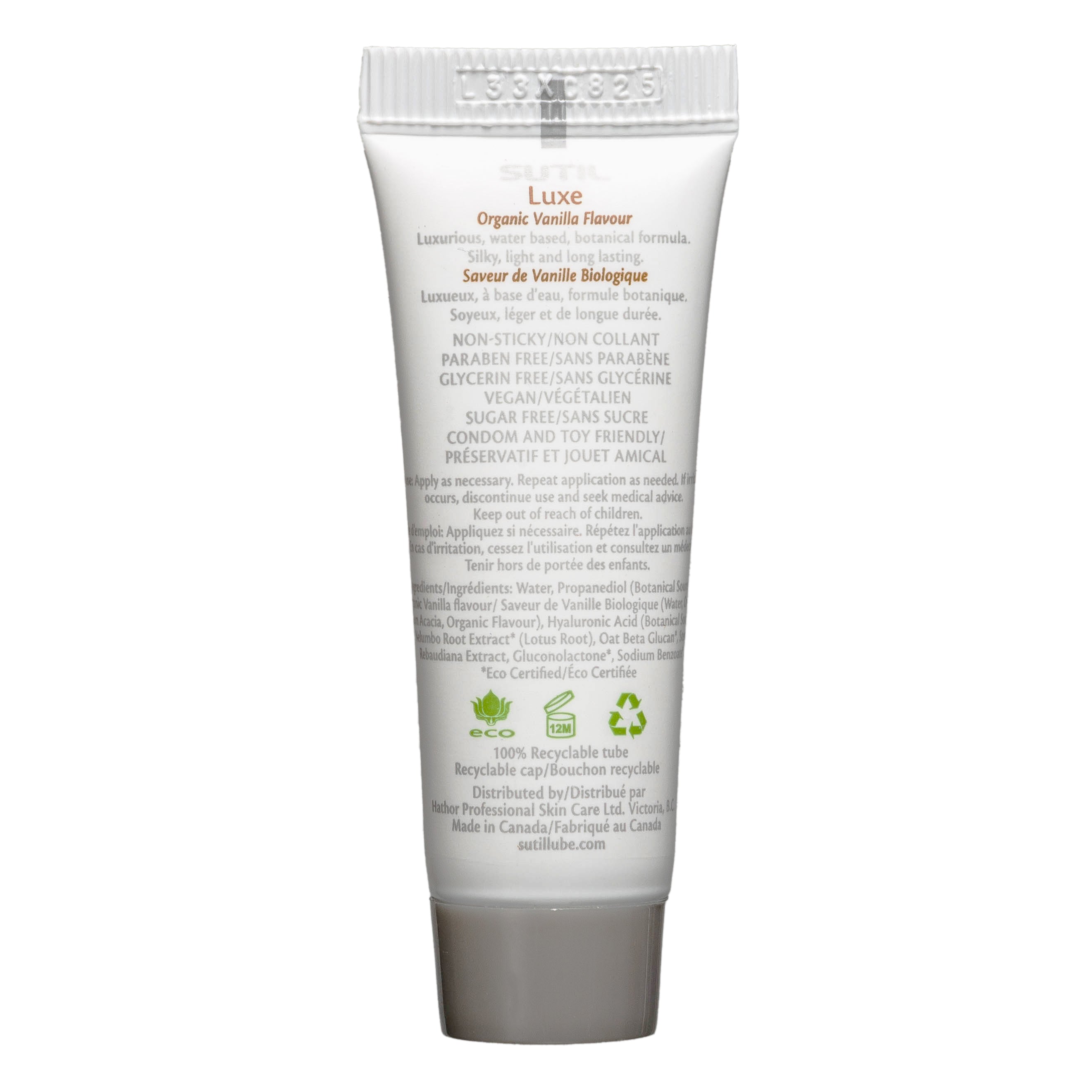 Sutil Luxe Organic Vanilla flavour water-based personal lubricant tube.