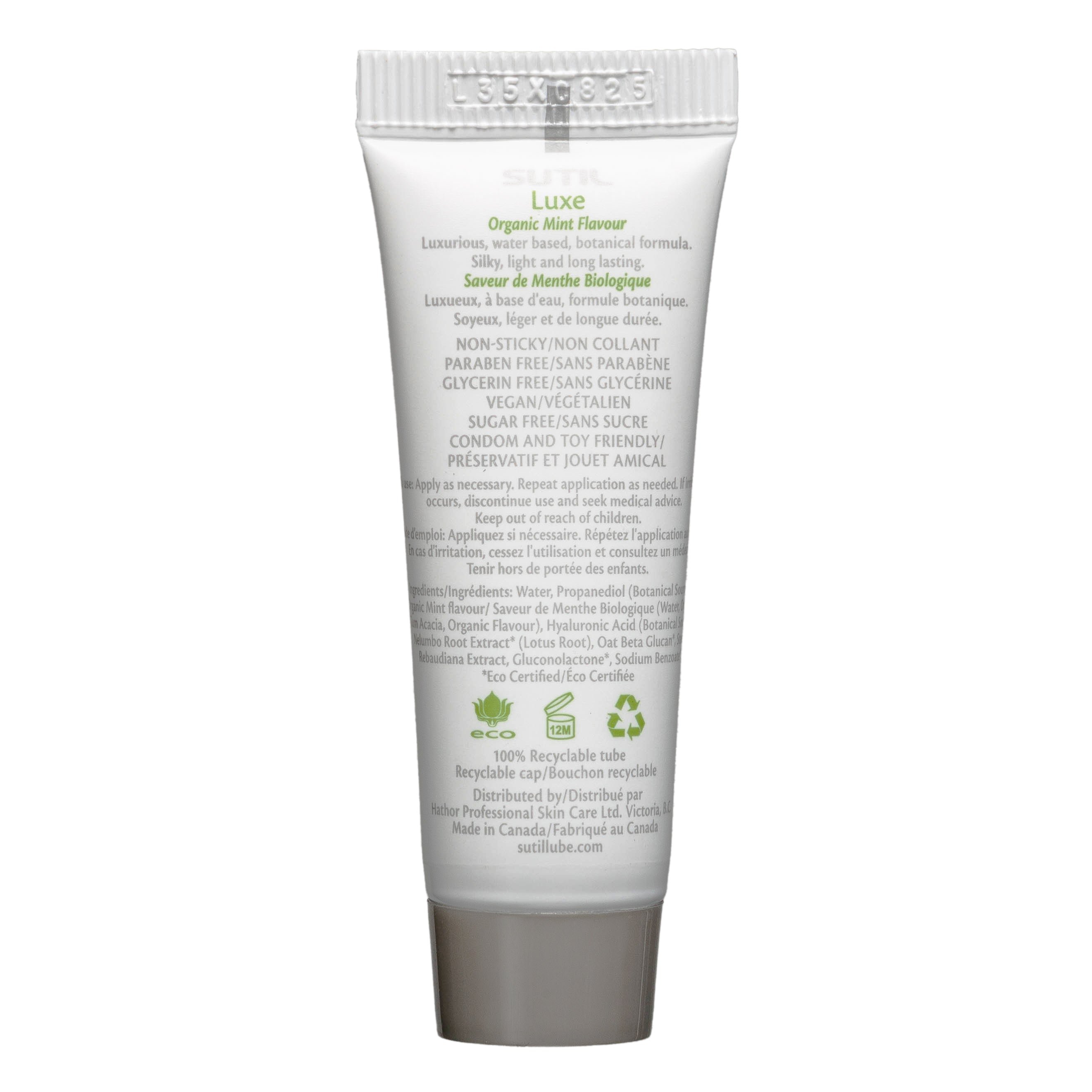 Sutil Luxe Organic Mint Flavour personal lubricant tube with ingredient and recycling information.