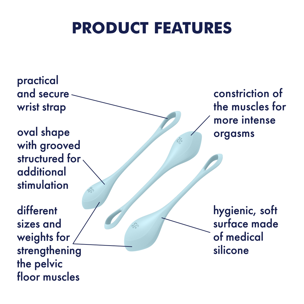 Light blue silicone kegel training set with three balls, each with a loop and grooved surface.