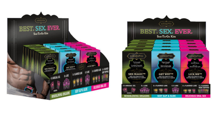 Kama Sutra Sex-To-Go Kits display with arousal gel and flavored lube sampler packs.