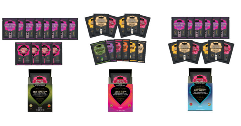 Kama Sutra Sex-To-Go Kit with 12 lube and arousal gel sampler packets.