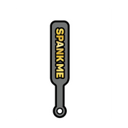 Gray enamel lapel pin with "SPANK ME" text.