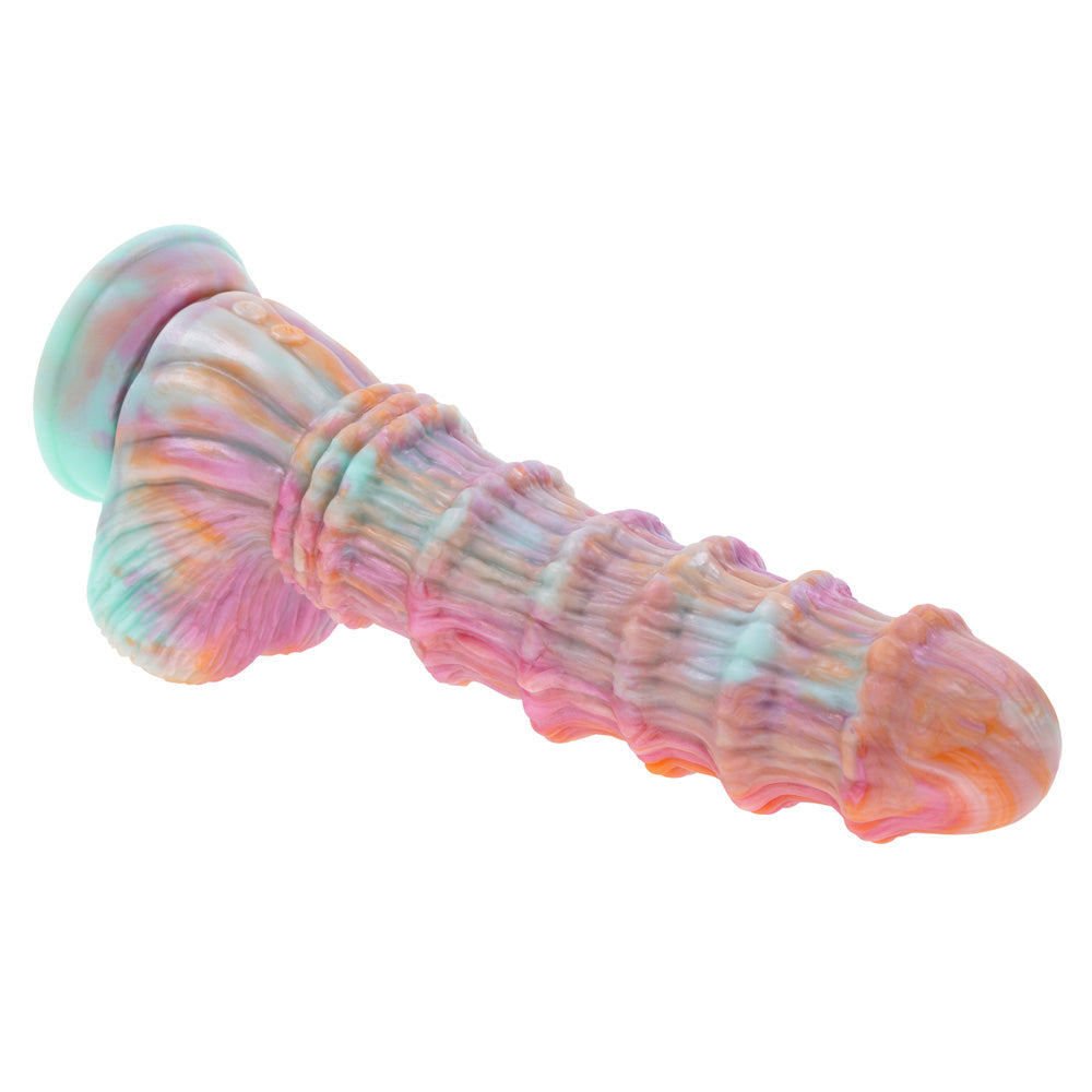A colorful, textured silicone dildo with a suction base.