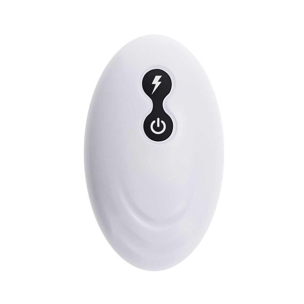 White oval remote with power and lightning bolt symbols.